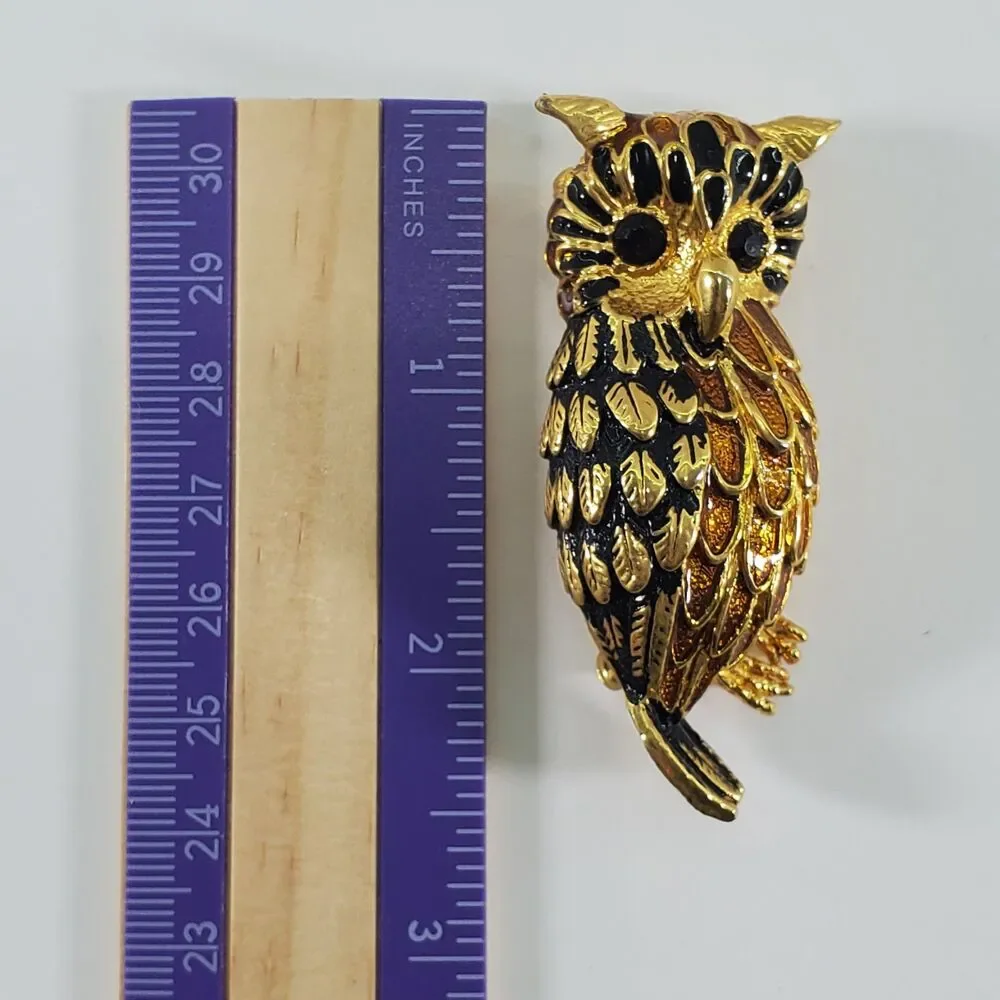 Chubby Vintage Owl Brooch Gold Tone Enamel Black Faceted Eyes Mid Century